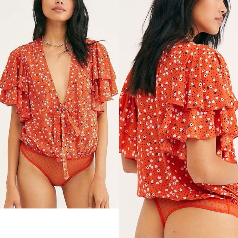 Intimately Free People Bodysuit Top Blouse Call Me Later XS Orange Ruffle Floral